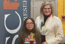 Lake County Spelling Bee winner, Tia Geisler from Mentor School District pictured with ESCWR Assistant Superintendent, Nancy Santilli