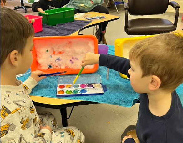 Little artists at work! Our preschoolers had a blast exploring colors and creativity through painting.